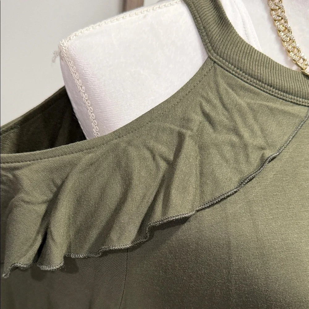 Express Olive Green Ruffle Cold Shoulder Blouse - Picture 3 of 6